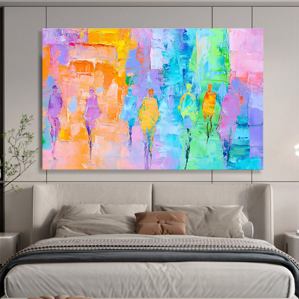 Large abstract painting of a parade featuring pastel colors and expressive brushstrokes in light blue pink green yellow and orangeSC177