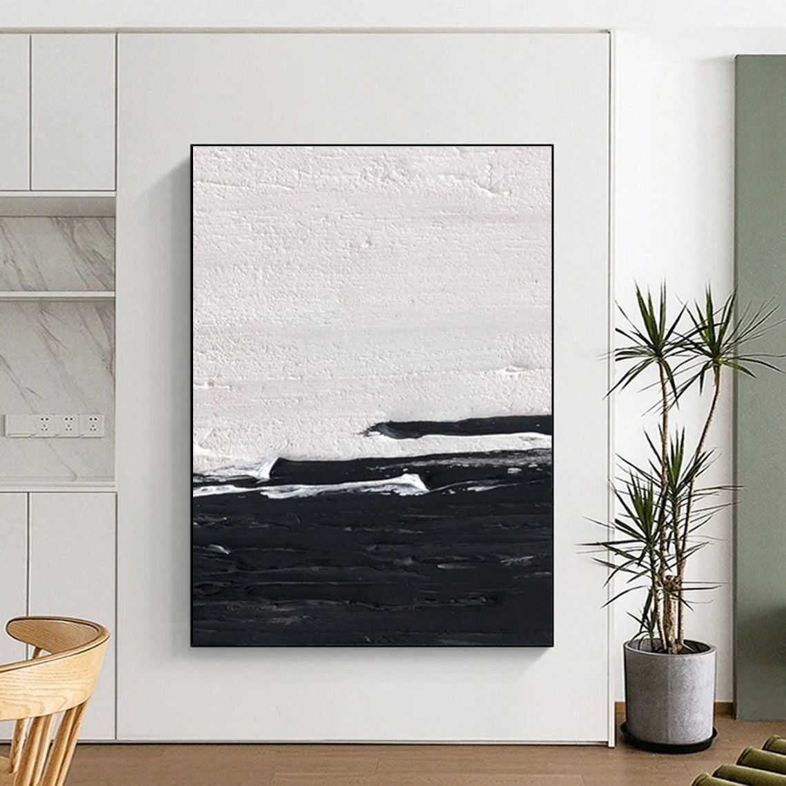 Black and White Horizontal Textured Abstract Painting ADGE402