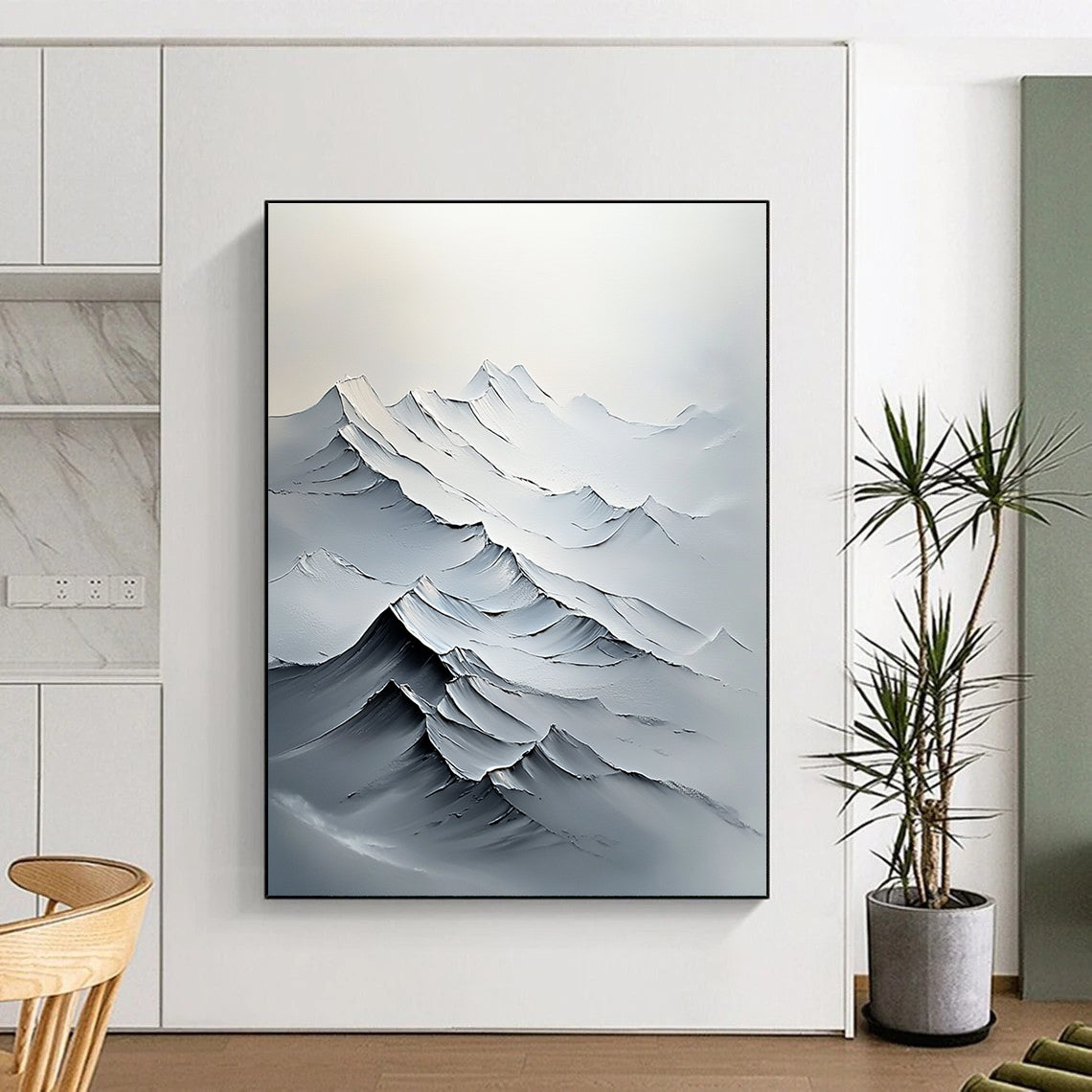 Large abstract painting featuring textured white mountains with bold brush strokes and delicate details in a minimalist composition.STSC1493