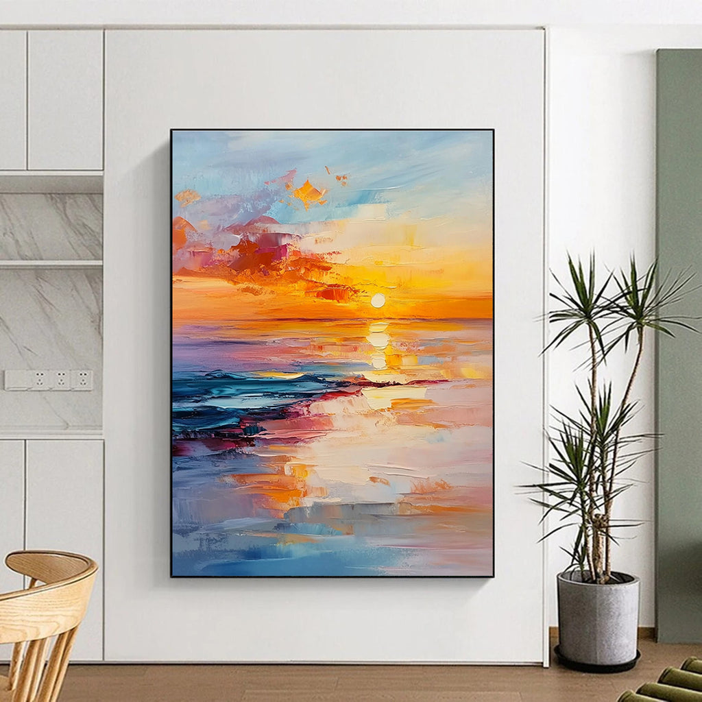 Abstract painting of a sunset over the ocean with vibrant orange and pink hues reflecting on serene waters conveying tranquility and harmony.STSC895