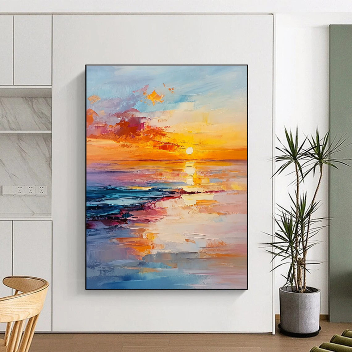 Abstract painting of a sunset over the ocean with vibrant orange and pink hues reflecting on serene waters conveying tranquility and harmony.STSC895