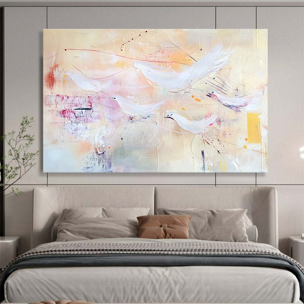 Large abstract painting with soft pastels featuring flying birds and textured layers evoking freedom and movement against a warm beige background.SC385
