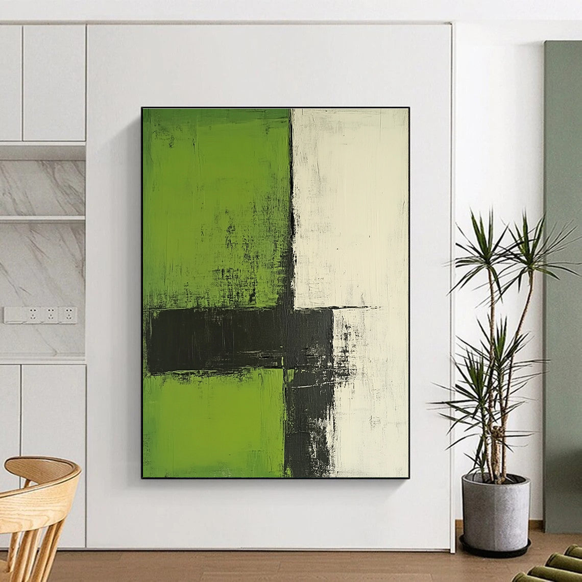 Large abstract painting with green and white colors featuring minimalist brushstrokes black lines and strong texture in a simple composition.STSC422