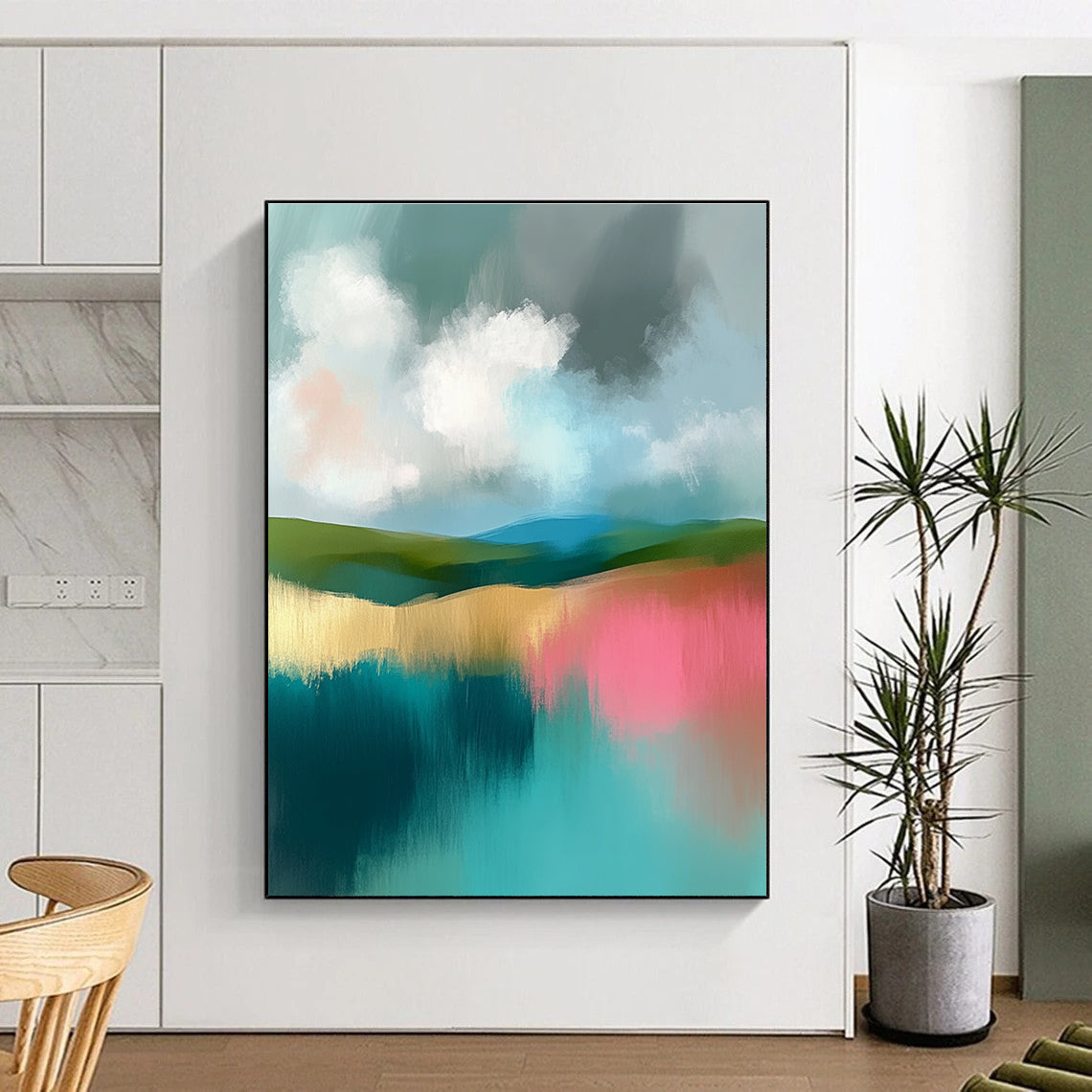 Large abstract painting featuring soft teal and pink hues with gentle clouds and muted greens in a serene landscape.STSC107
