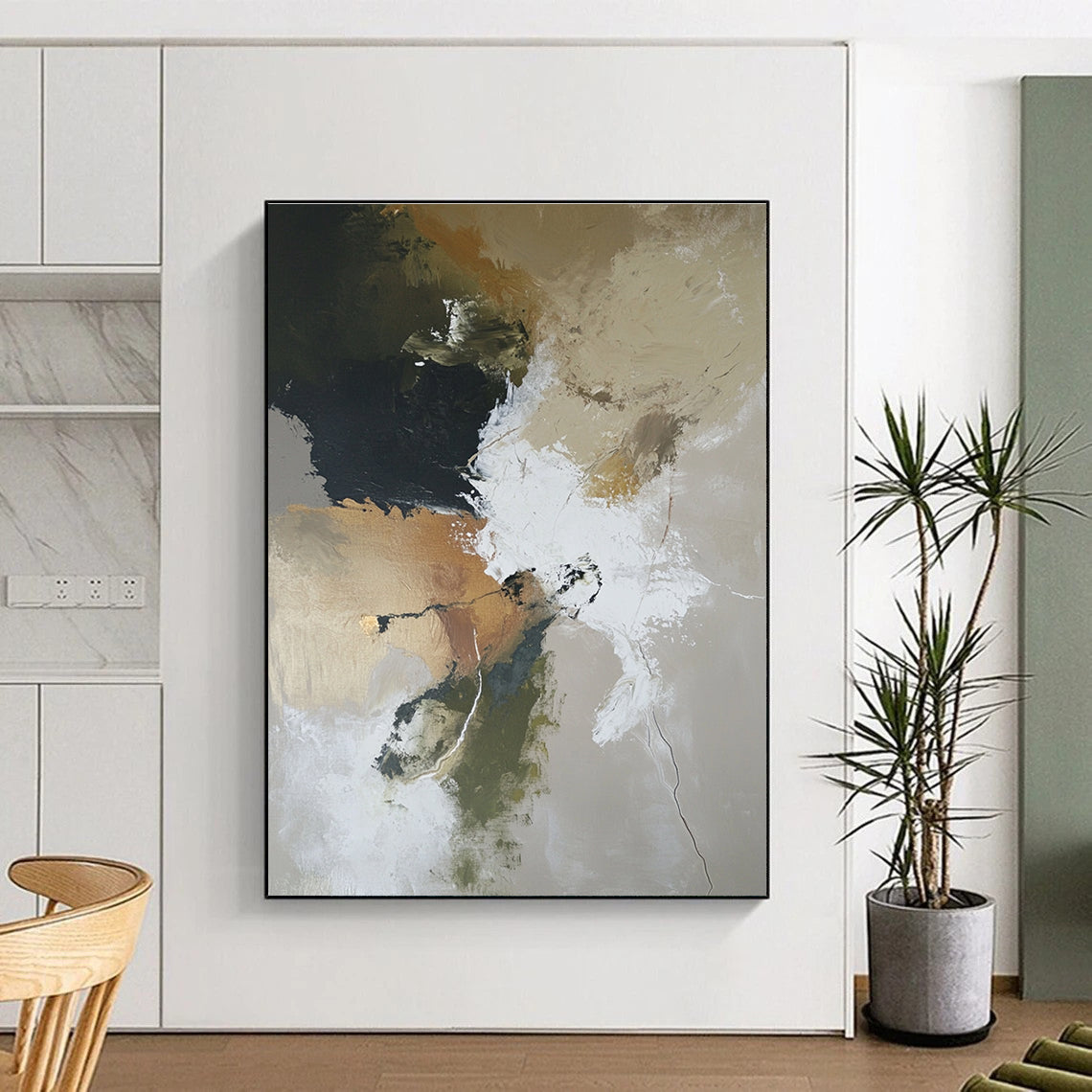 Large abstract painting depicting a desolate landscape with earthy tones and soft lighting in oil on canvas.STSC254