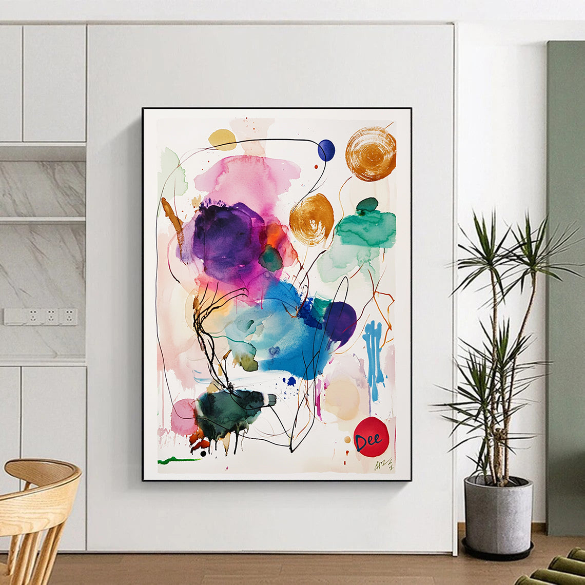 A large abstract watercolor painting featuring a central animal surrounded by colorful ink washes in purple, pink, blue, green, and yellow.STSC1046