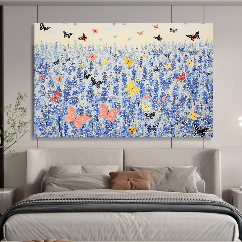 An abstract painting of bluebells surrounded by colorful butterflies in the vibrant style of Henri Matisse.SC463