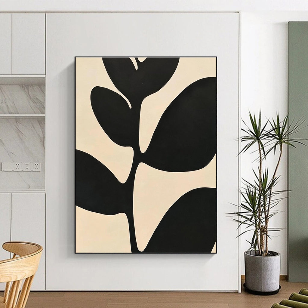 Large abstract painting featuring minimalist black and white leaves with high contrast against a simple background inspired by Matisse.STSC1080