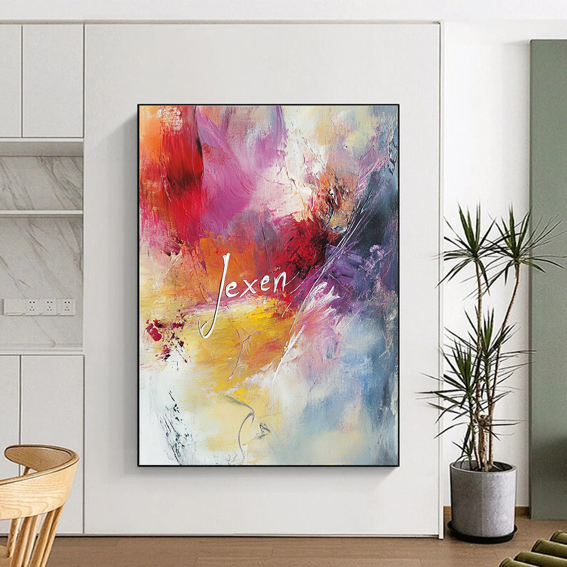 Large abstract painting with pastel colors featuring the word Jexen in elegant script surrounded by swirling patterns evoking tranquility and creativity.STSC802