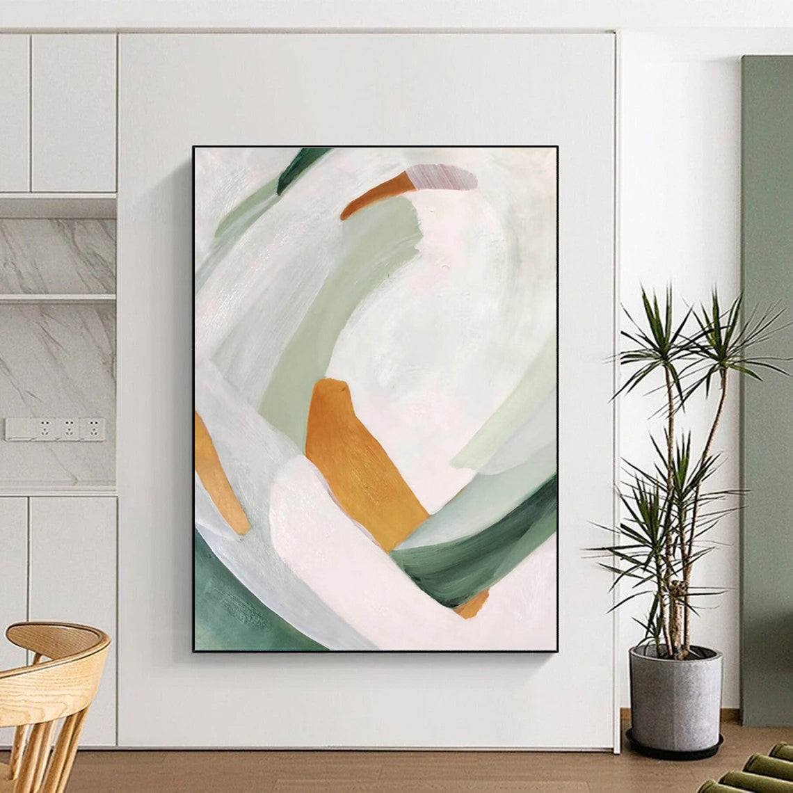 White Green and Gold Abstract Painting ADGE257