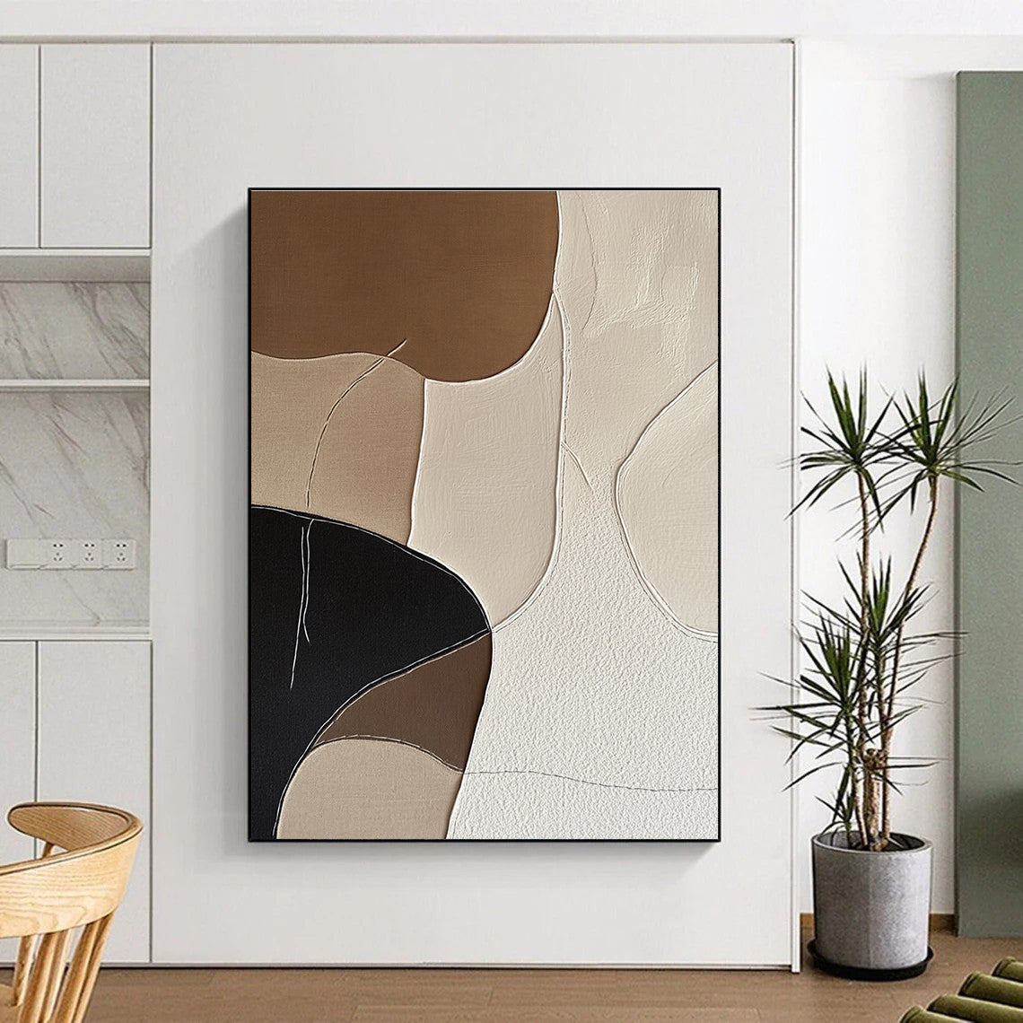Large abstract artwork featuring minimalist Japandi style with hand-stitched organic shapes in neutral shades of beige black and white.STSC1337