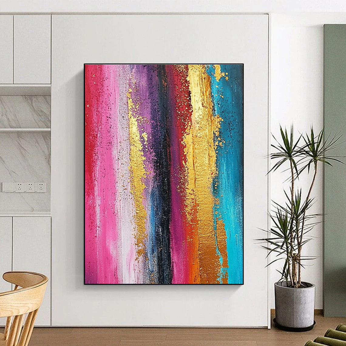 Large abstract painting featuring textured ombre rainbow colors with gold foil accents and a grunge background in vertical stripes.STSC733