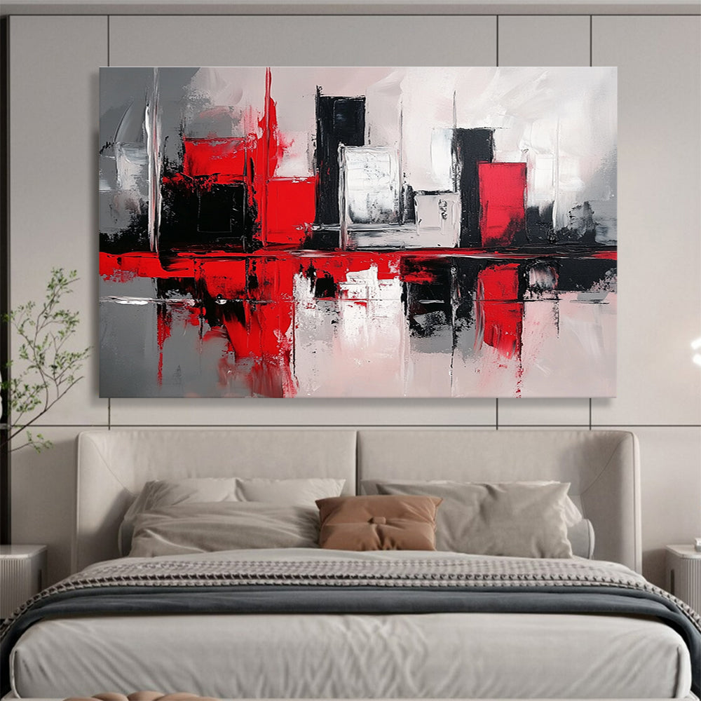 Red Black and White Abstract Painting with Cityscape Reflections DYP398