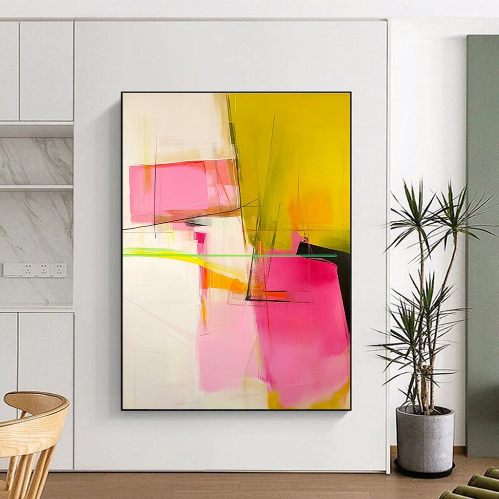 Pink and Yellow Abstract Painting with Geometric Elements GER629