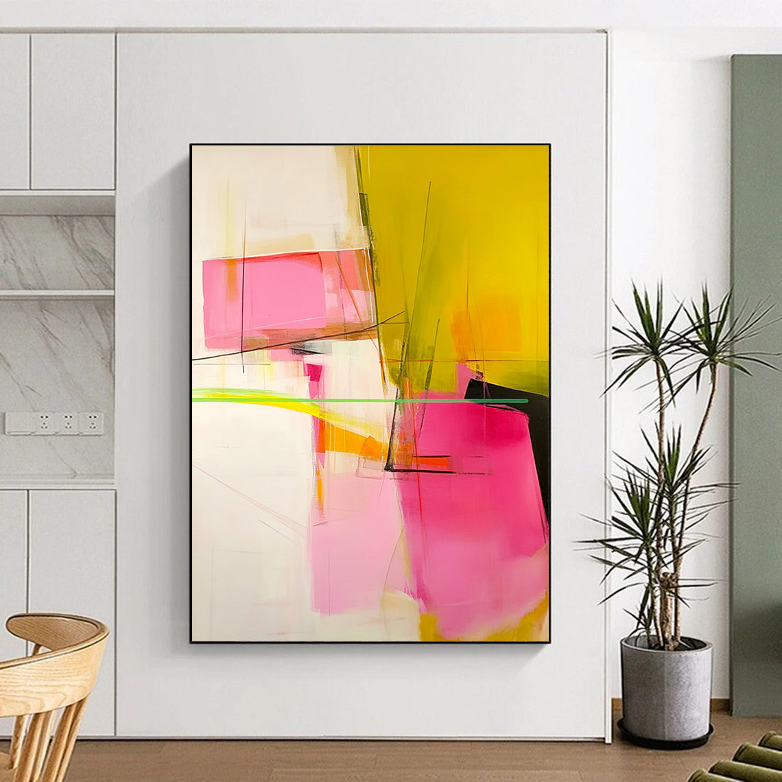 Pink and Yellow Abstract Painting with Geometric Elements GER629
