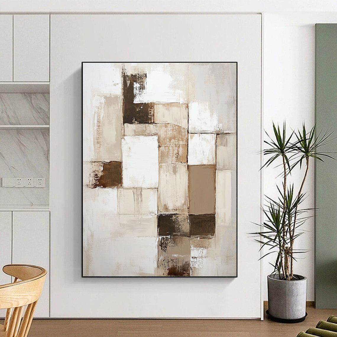Beige Brown and White Abstract Painting with Patchwork Textures GER635