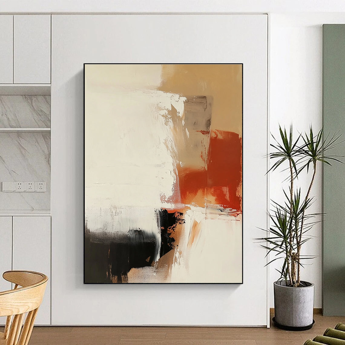 Large abstract painting features earthy tones and white space with thick brush strokes and a soft minimalistic aesthetic perfect for modern decor.STSC750