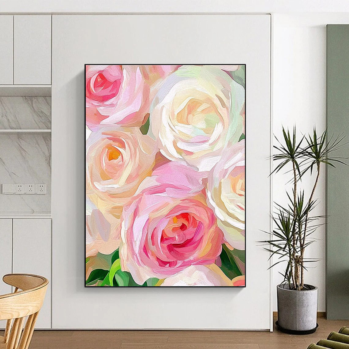 A large abstract painting featuring soft pink and cream roses with loose brushstrokes and a blurred background highlights the flowers' vibrant texture.STSC944
