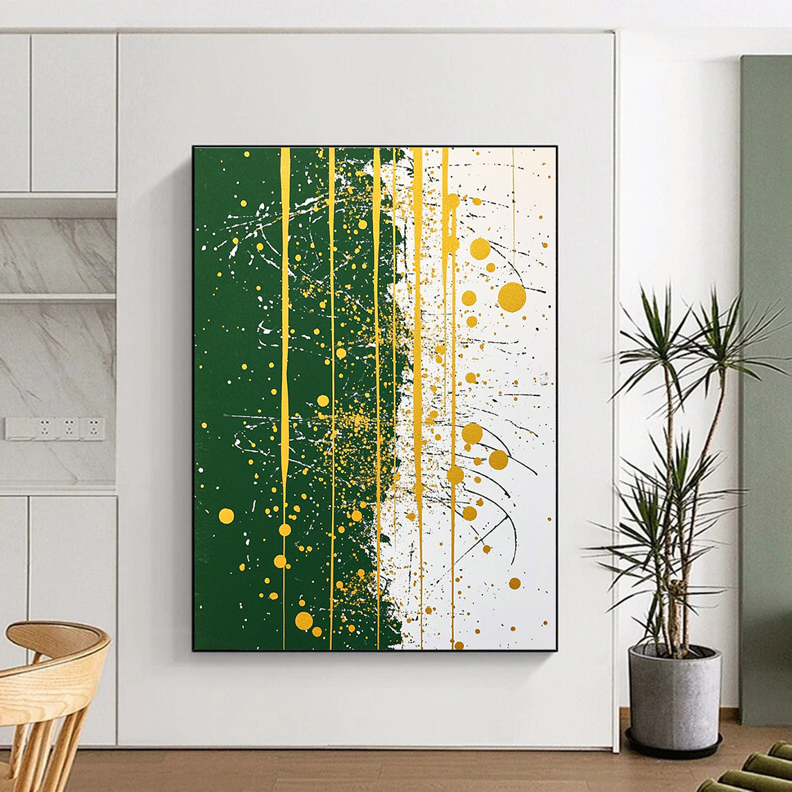 Large abstract painting featuring green and white with golden details and line art offering a balanced and symmetrical composition.STSC1172