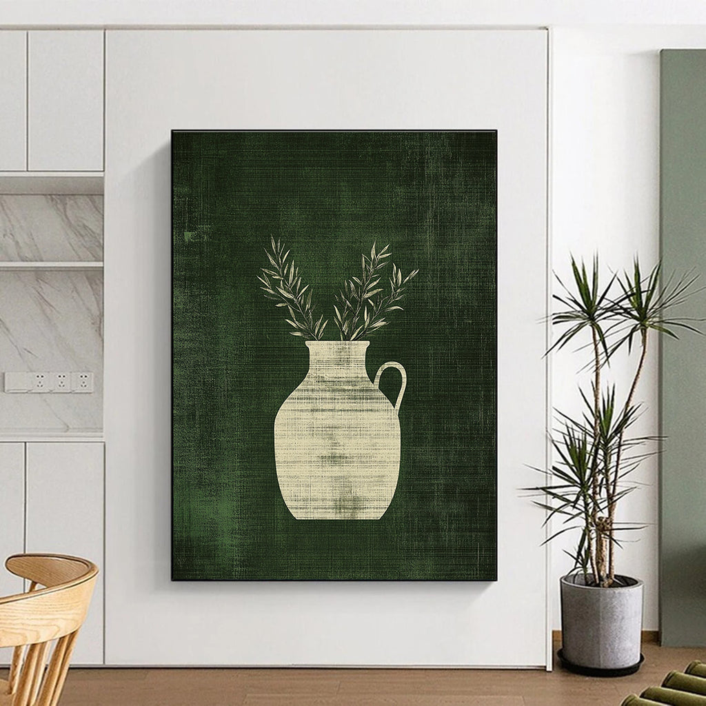 Abstract art featuring a minimalist antique jar with handles and olive branches against a textured green background, adding elegance and depth.STSC1084