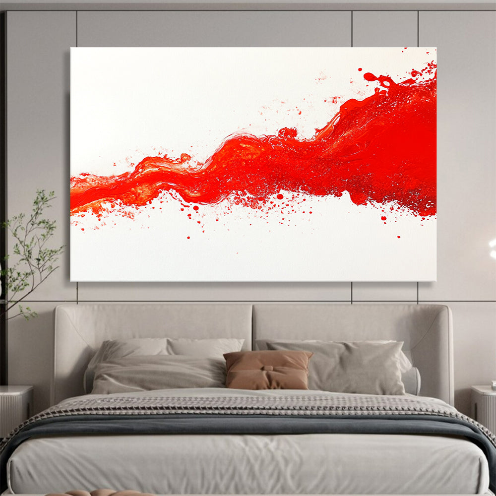 Large abstract painting featuring a vibrant crimson wave flowing across a white canvas with dynamic splashes capturing fluidity and energy.SC039