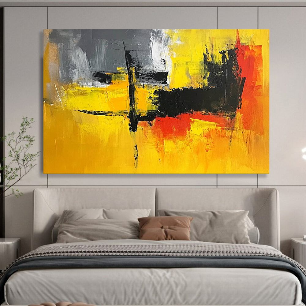 A large abstract painting featuring vibrant yellow, grey, and black hues, perfect for enhancing any contemporary space.SC393