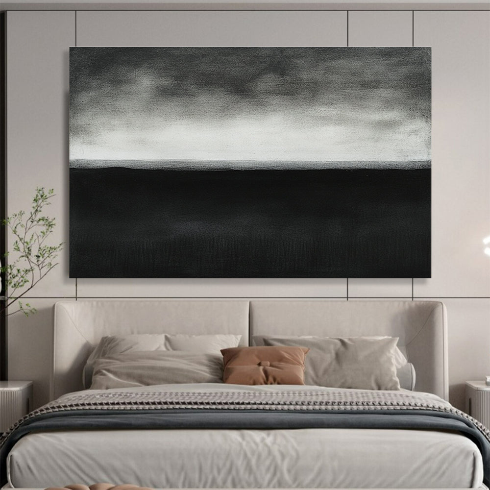 A large abstract painting featuring a dark gray horizon line with white accents, showcasing minimalism and serene elegance in high detail.SC500