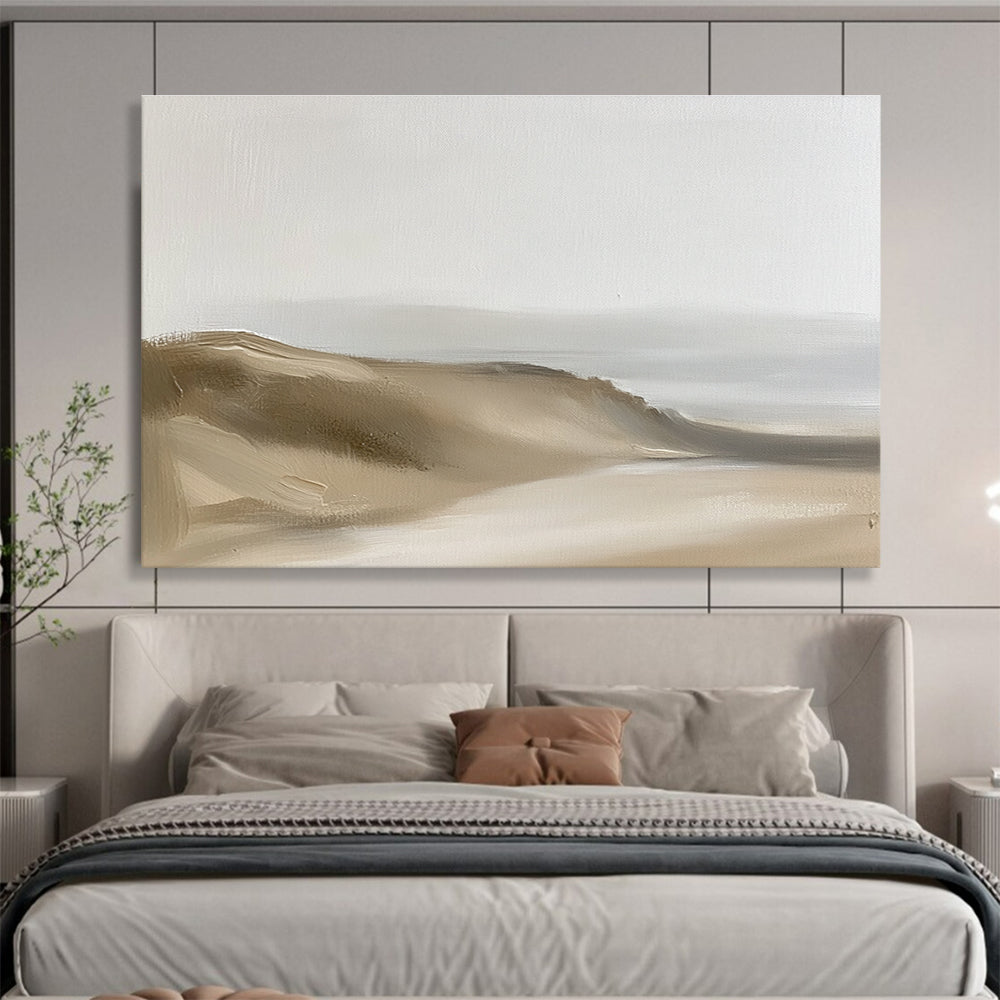 Large abstract painting of minimalist sand dunes in neutral beige and grey tones with thick brush strokes and low-contrast composition.SC598