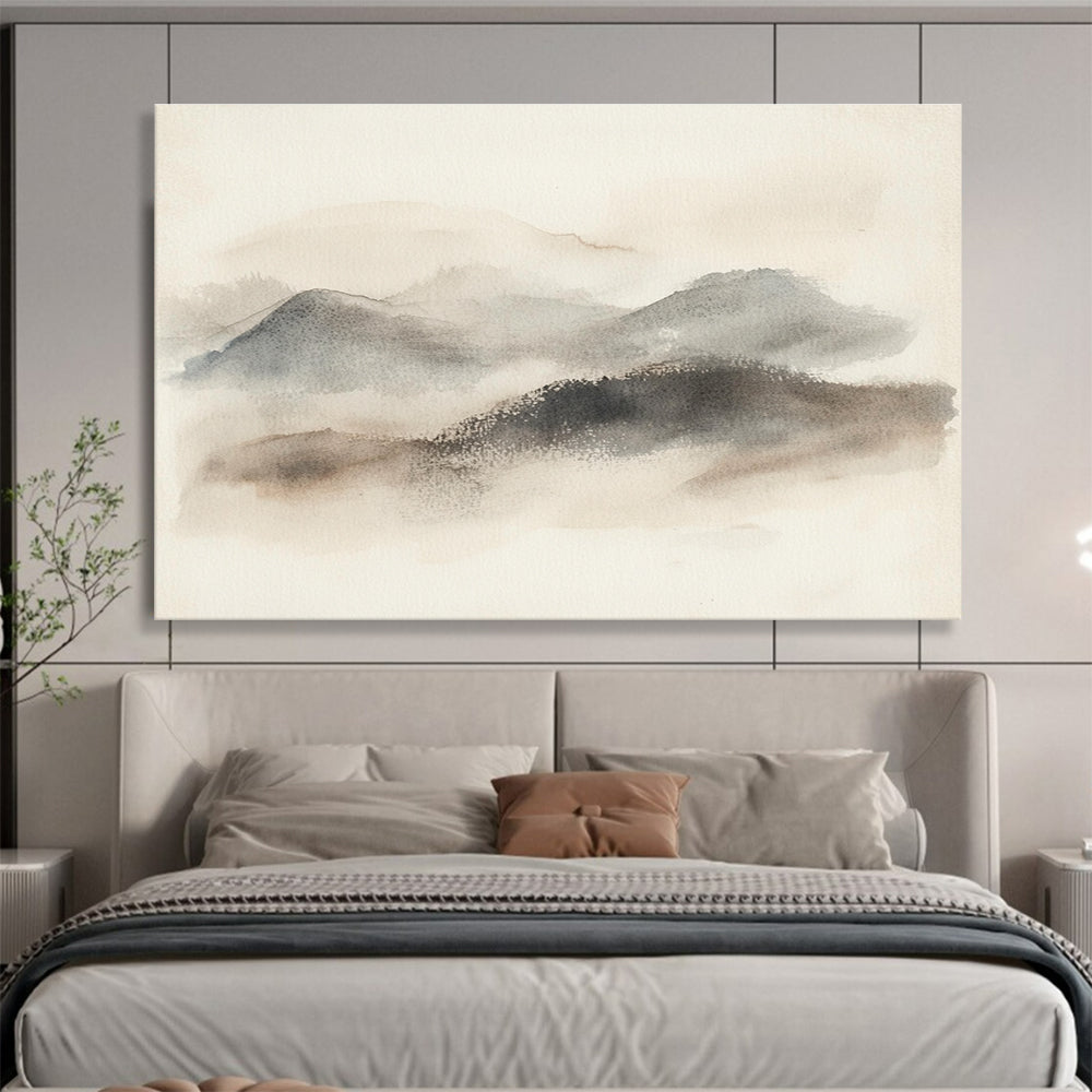 Large abstract watercolor painting of misty hills in muted gray and beige tones with organic brush strokes and textured background on light-colored paper.SC549
