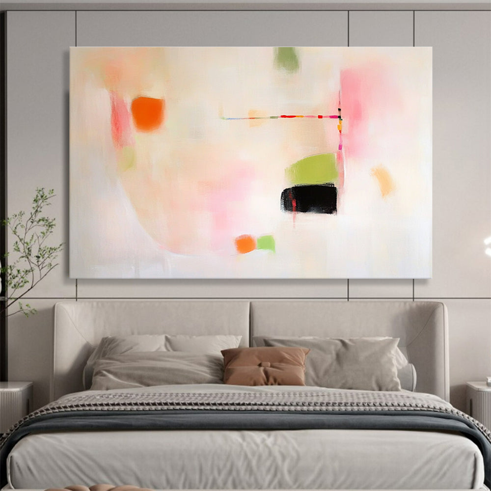 Large abstract painting featuring pink green and orange shapes on white background evoking calmness with gentle curves and contrasting black spaces.SC379