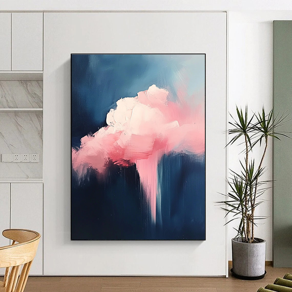 Large abstract painting featuring a pink cloud against a minimalist dark blue background with bold brush strokes.STSC671