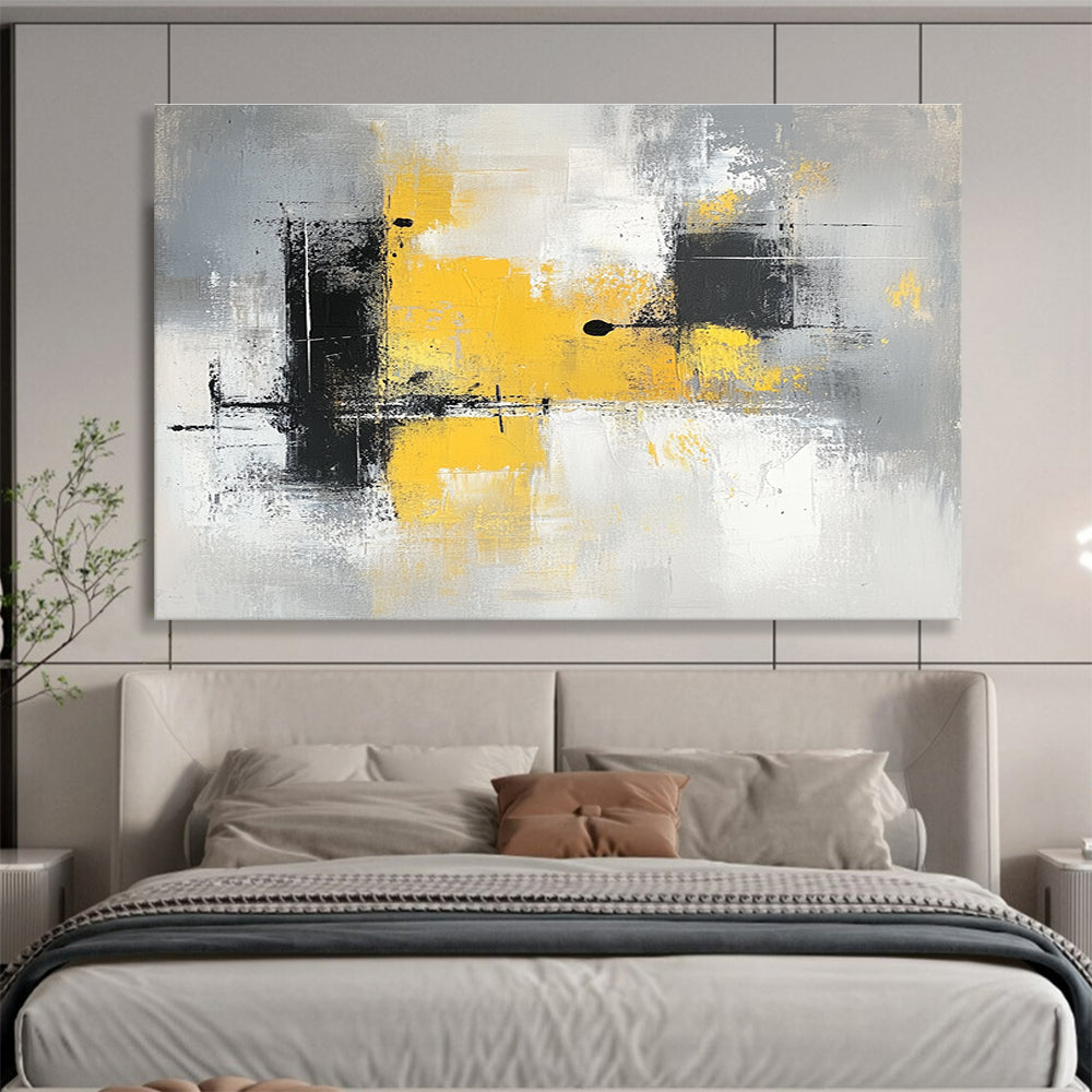 Large abstract painting with gray and yellow tones featuring blocks of color soft edges and delicate brushstrokes on a gray background.SC241