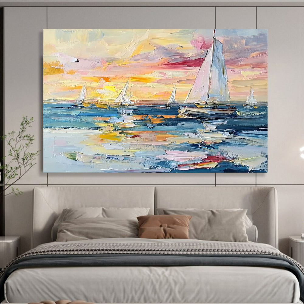Sailboats at Sunset Colorful Abstract Painting with Vivid Sky Hues DYP603