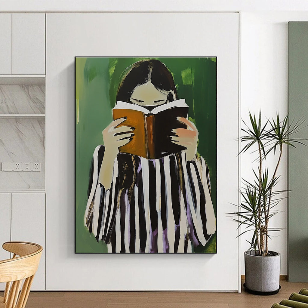 A large abstract painting featuring a woman in black and white stripes holding a book and coffee against a green background.STSC1258