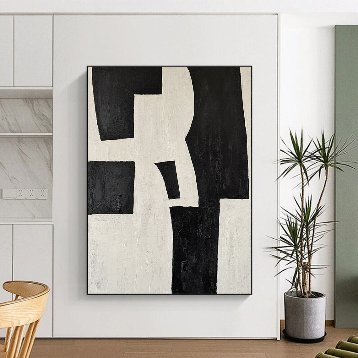 Large abstract painting in black and white featuring deconstructed shapes creating a striking visual impact ideal for modern decor.STSC389