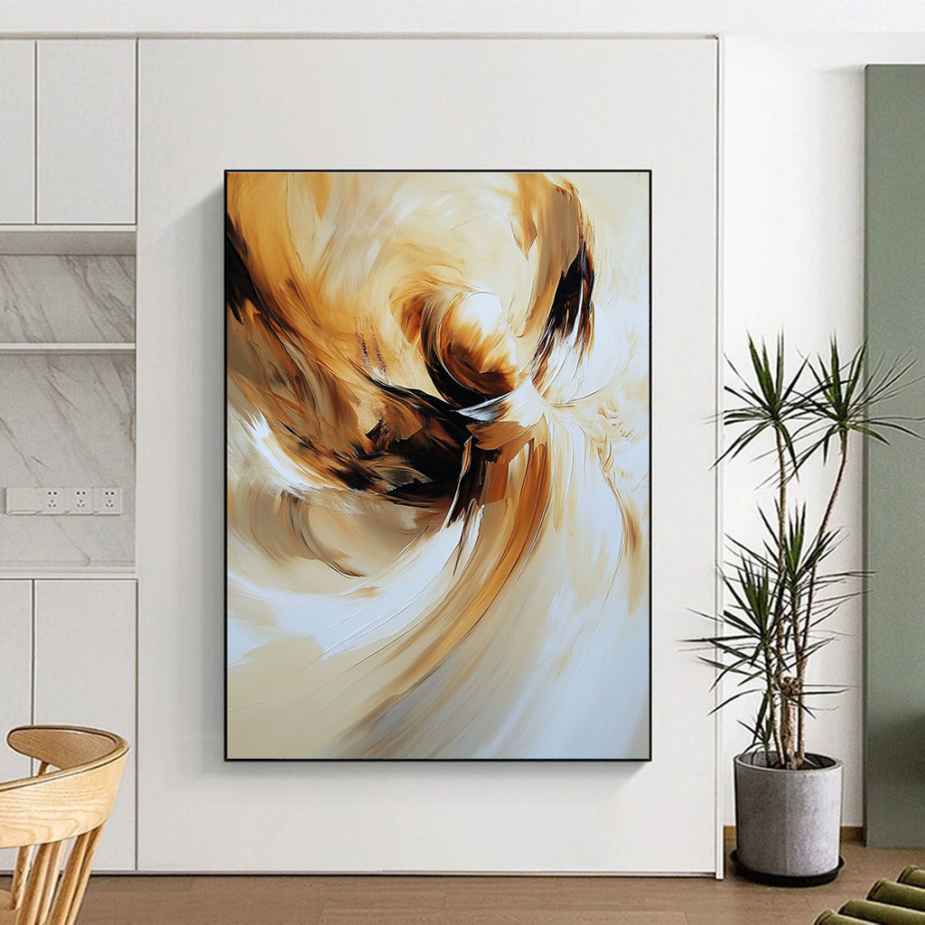 Large abstract painting of an angel featuring swirling brush strokes in warm beige and brown tones for a captivating aesthetic.STSC634