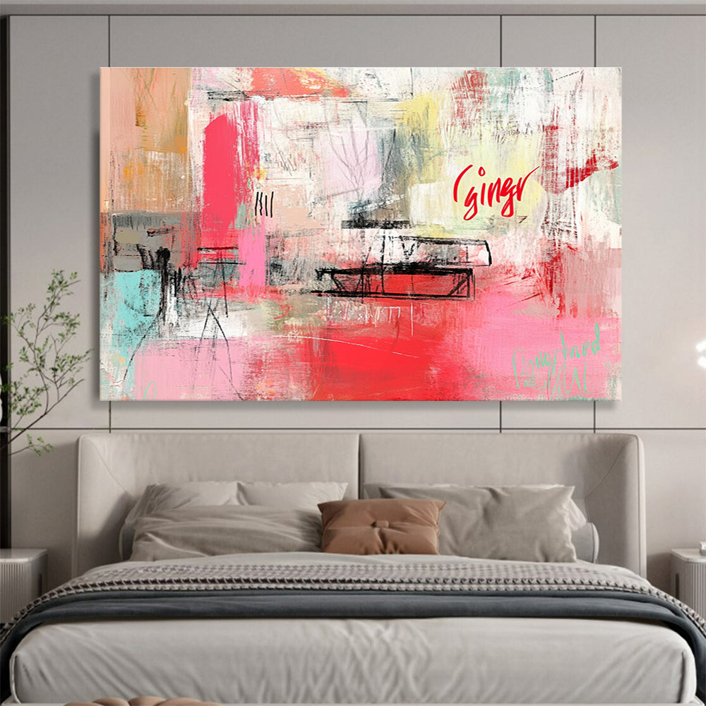 Large abstract painting featuring a dynamic pink and red color palette, organic shapes, blurred imagery, and bold text reading ginger in cursive script.SC275