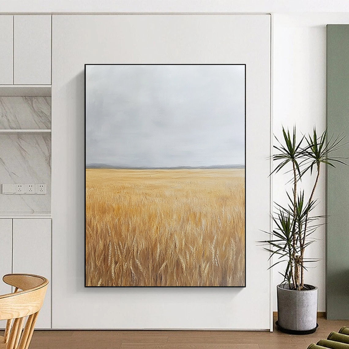 Large abstract oil painting depicting a large wheat field under a grey sky with yellowing grass tones.STSC1034