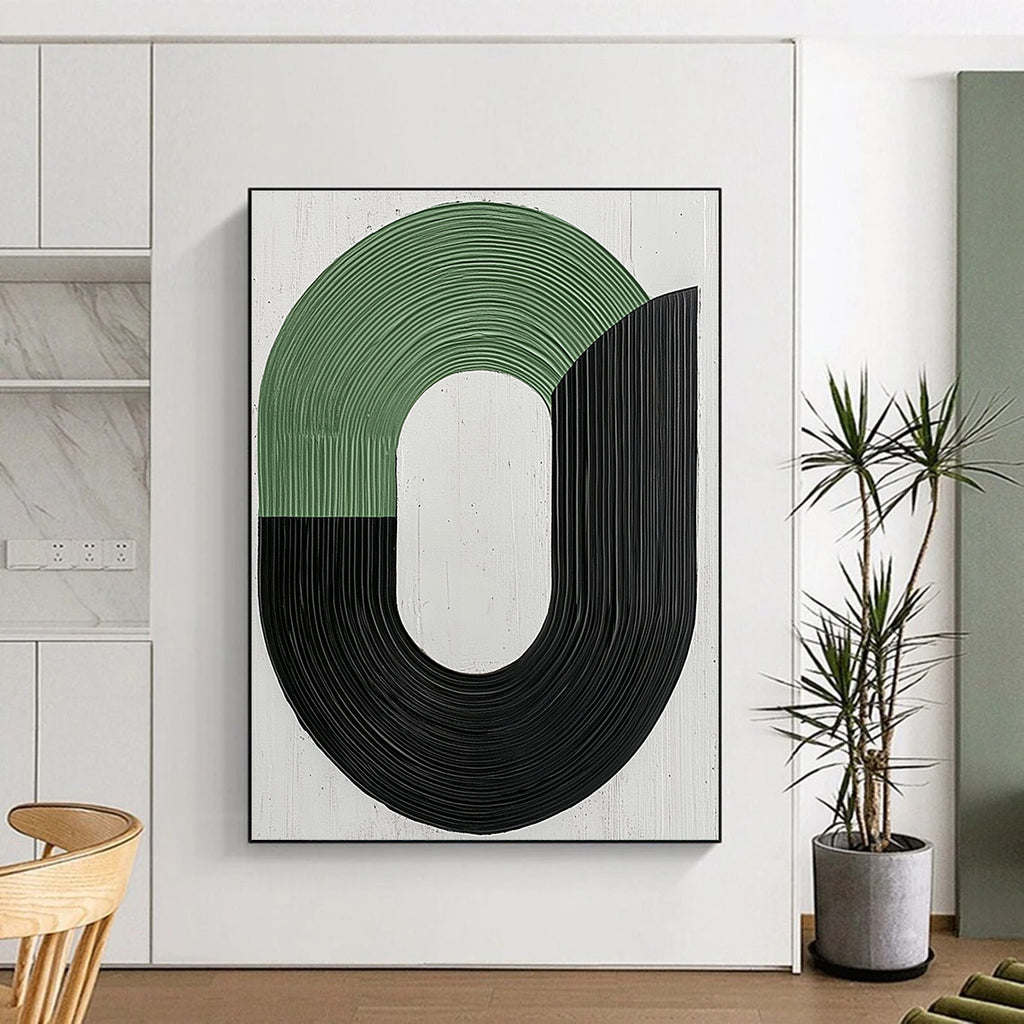 Large abstract painting featuring elegant black and green curved lines on a pure white background conveying calmness and movement ideal for wall decoration.STSC1141