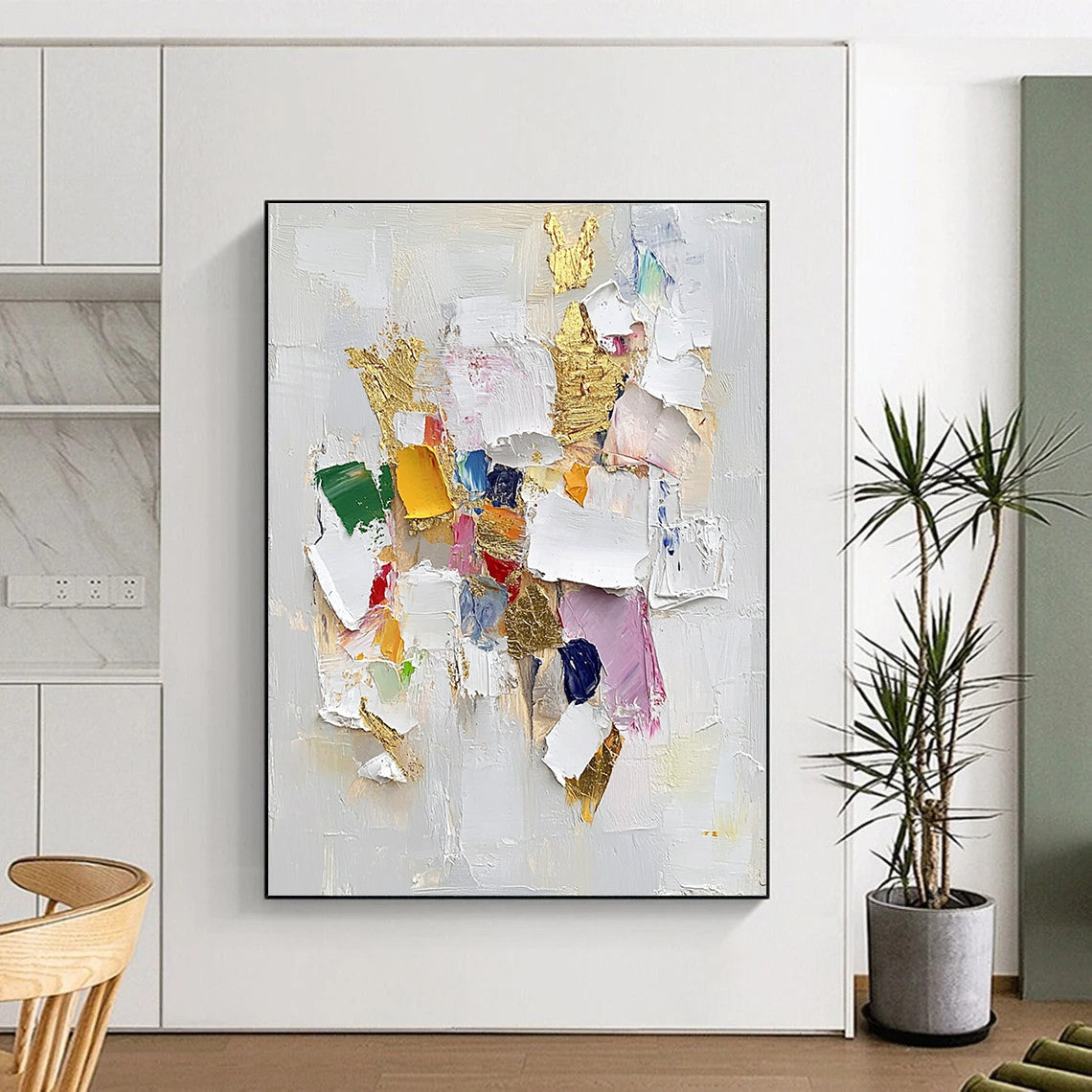 Colorful Patch and Gold Abstract Painting with 3D Effect GER482