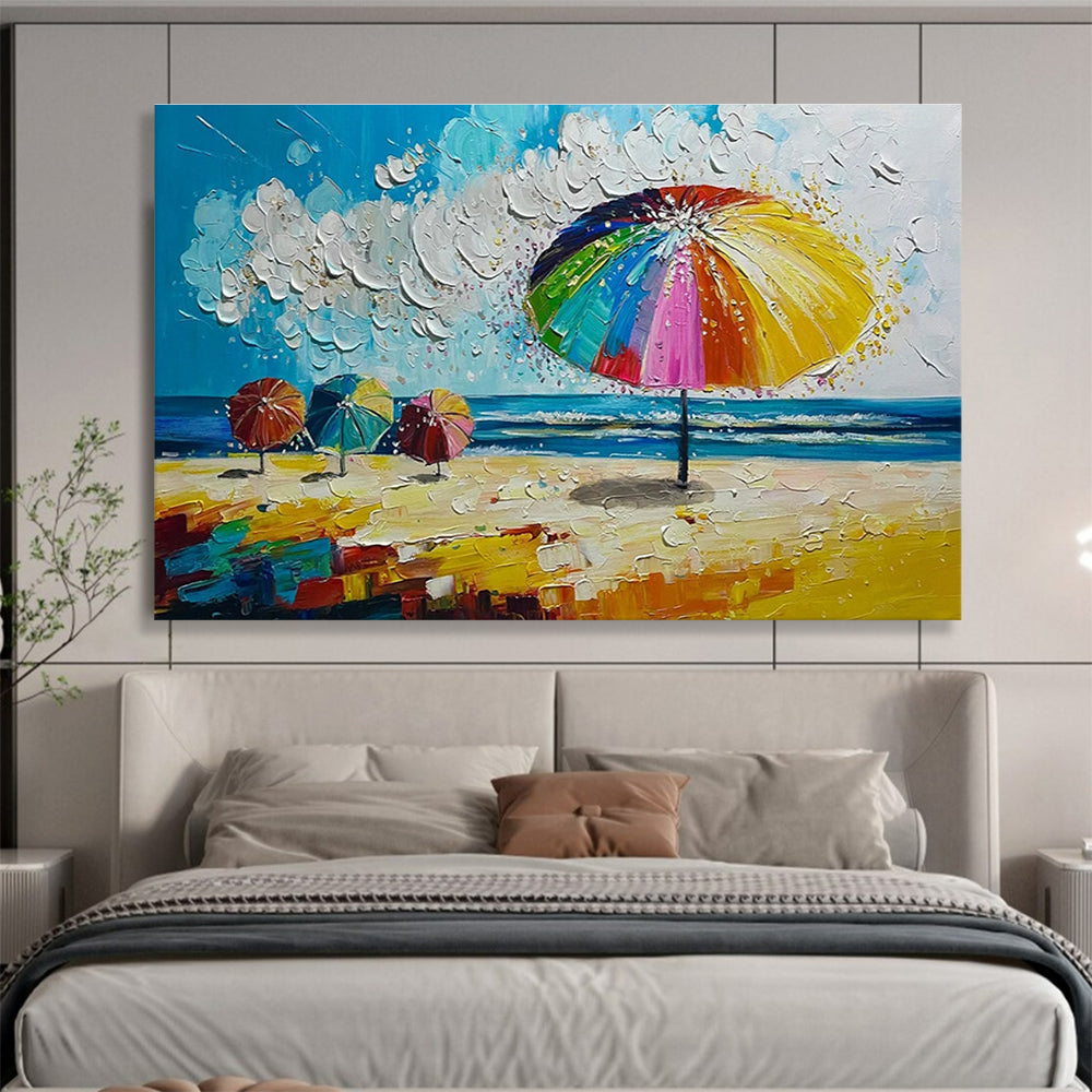 Beach Umbrella Scene Abstract Painting with Bright Coastal Colors THY310