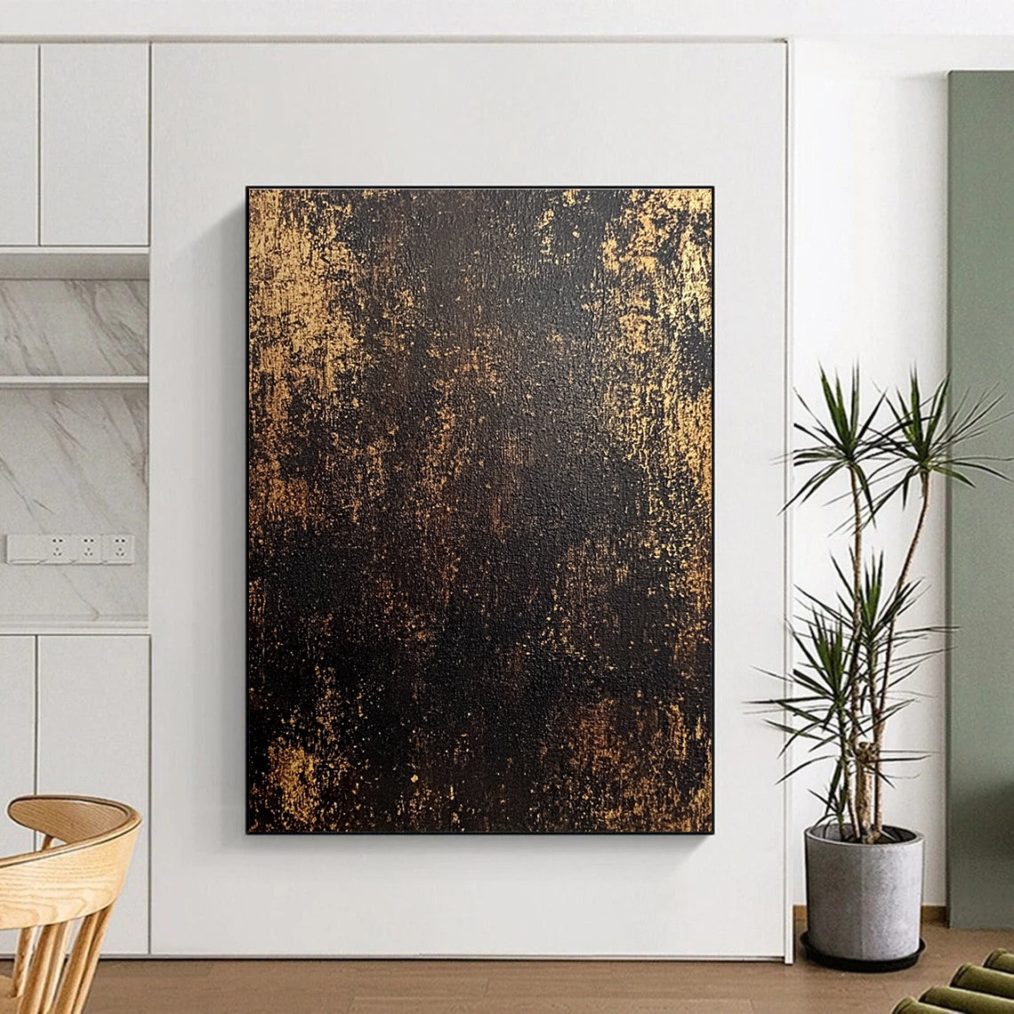 Black and Gold Abstract Painting with Vintage Patina GER102