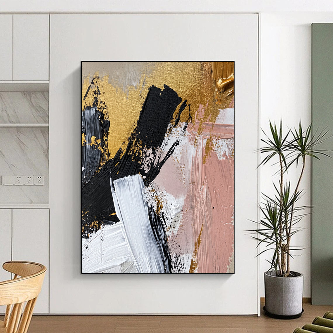 Gold Black Pink and White Abstract Painting with Bold Strokes GER056