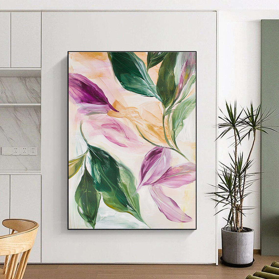 Abstract oil painting featuring leaves and flowers in pink green white beige and light gold with hints of purple and peach colors.STSC595