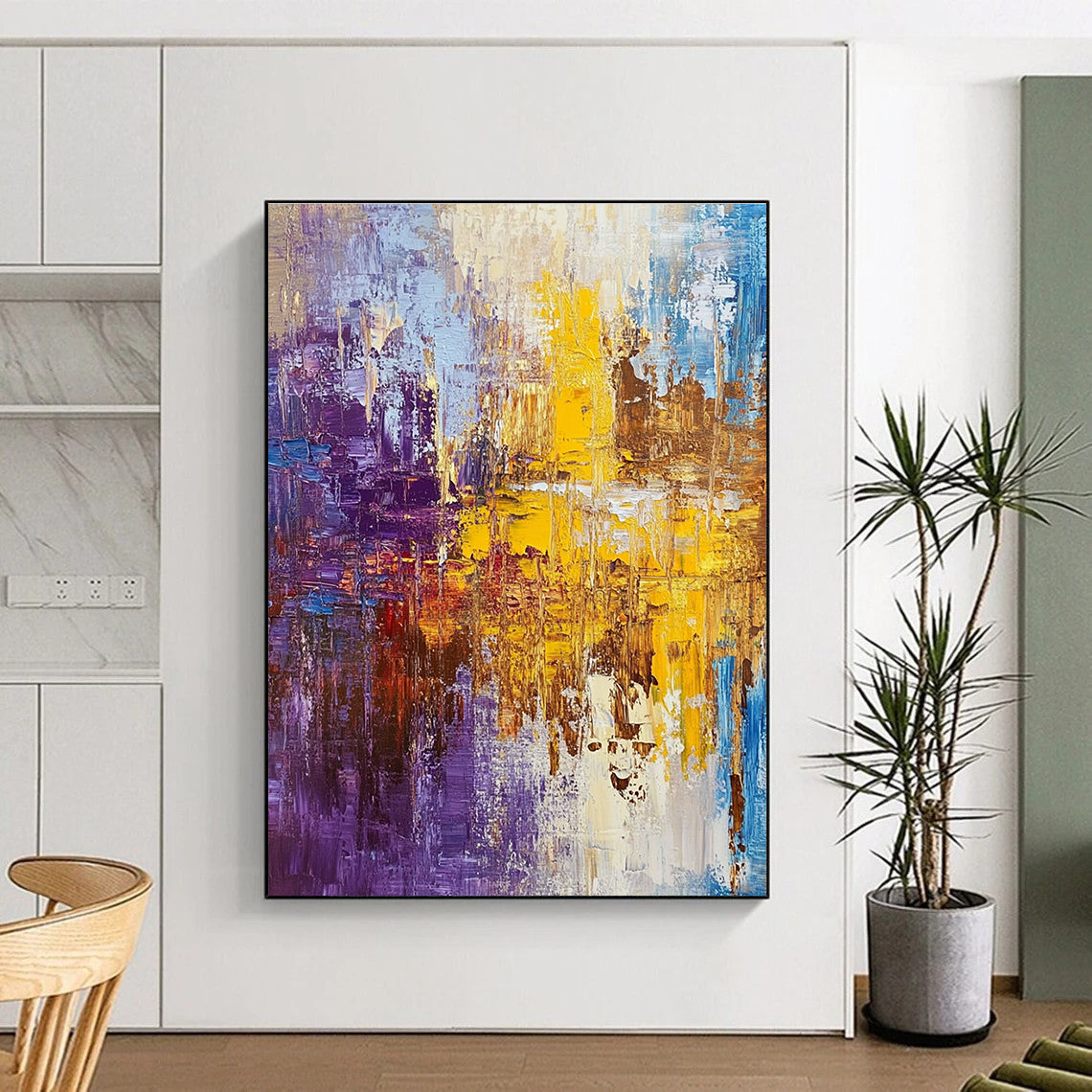 Purple Yellow and Blue Abstract Painting with Textured Layers GER481