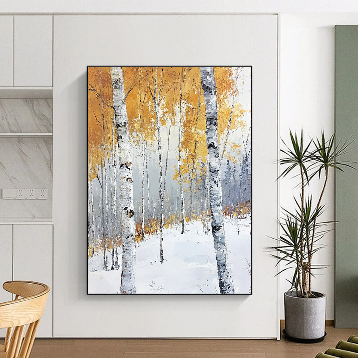 Large abstract painting of birch trees in late autumn with golden leaves against a cool gray background showcasing serene and powerful contrasts.STSC1123