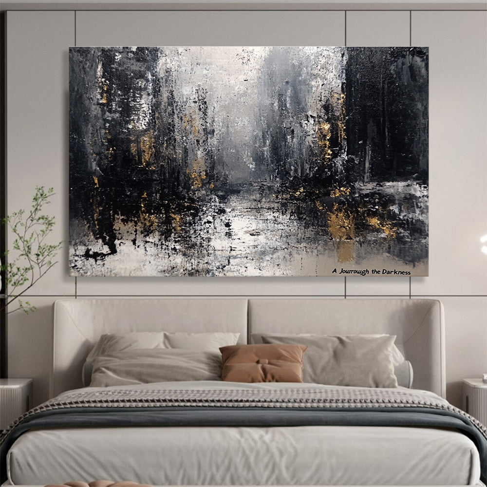 A large abstract painting featuring a grey and black palette with industrial buildings blurred under a gloomy sky and raindrops evoking desolation.SC286