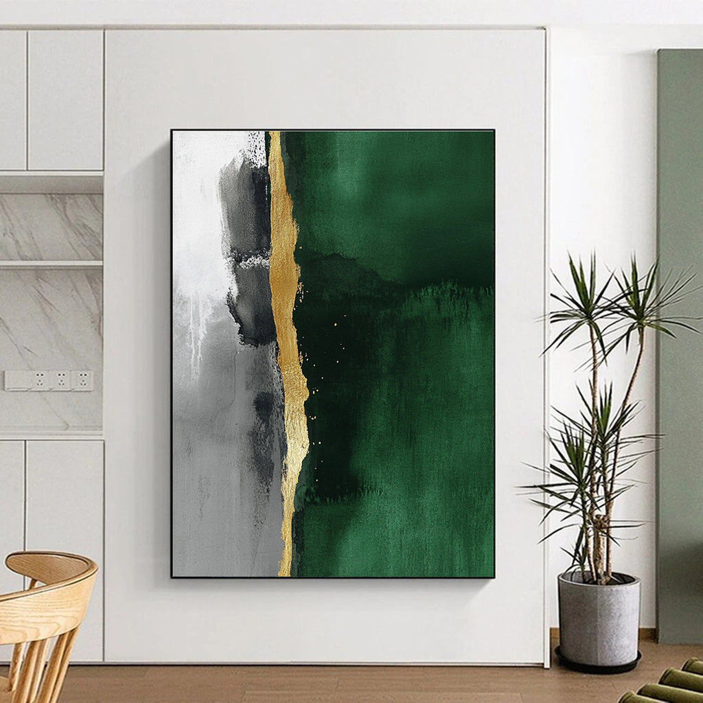 Abstract minimalist painting featuring a thin gold line against an emerald green and gray background emphasizing fluidity and elegant simplicity.STSC129