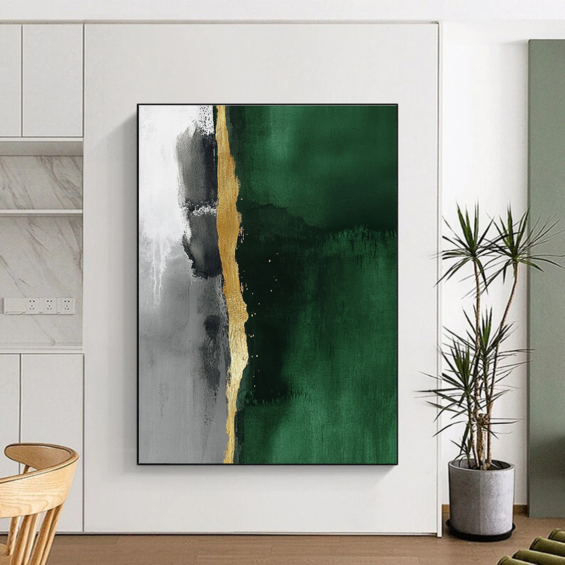 Abstract minimalist painting featuring a thin gold line against an emerald green and gray background emphasizing fluidity and elegant simplicity.STSC129
