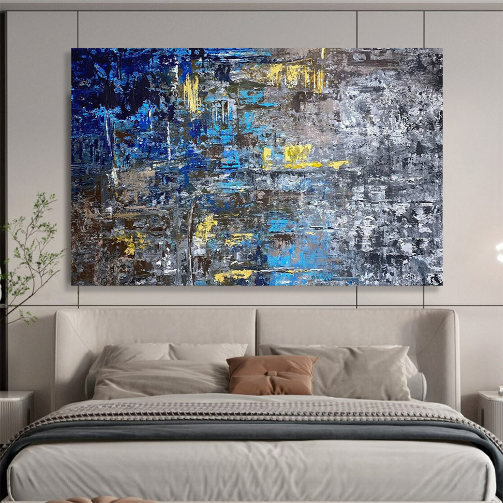 Blue Yellow Gray Abstract Painting with Urban, Industrial Inspirations THY379